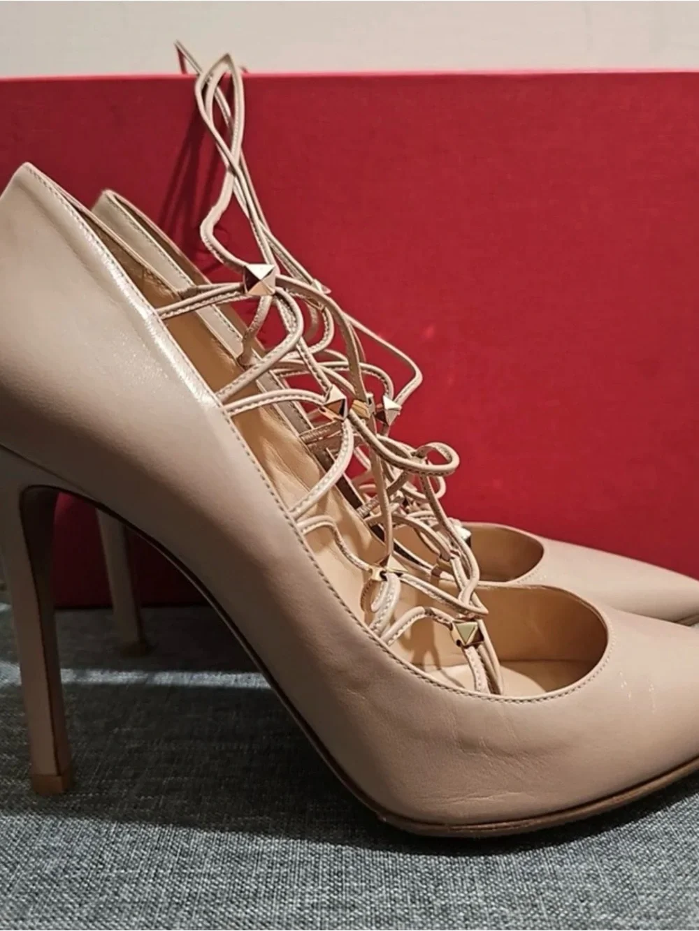 Valentino Nude Pink Lace-Up Pointed Toe Pumps